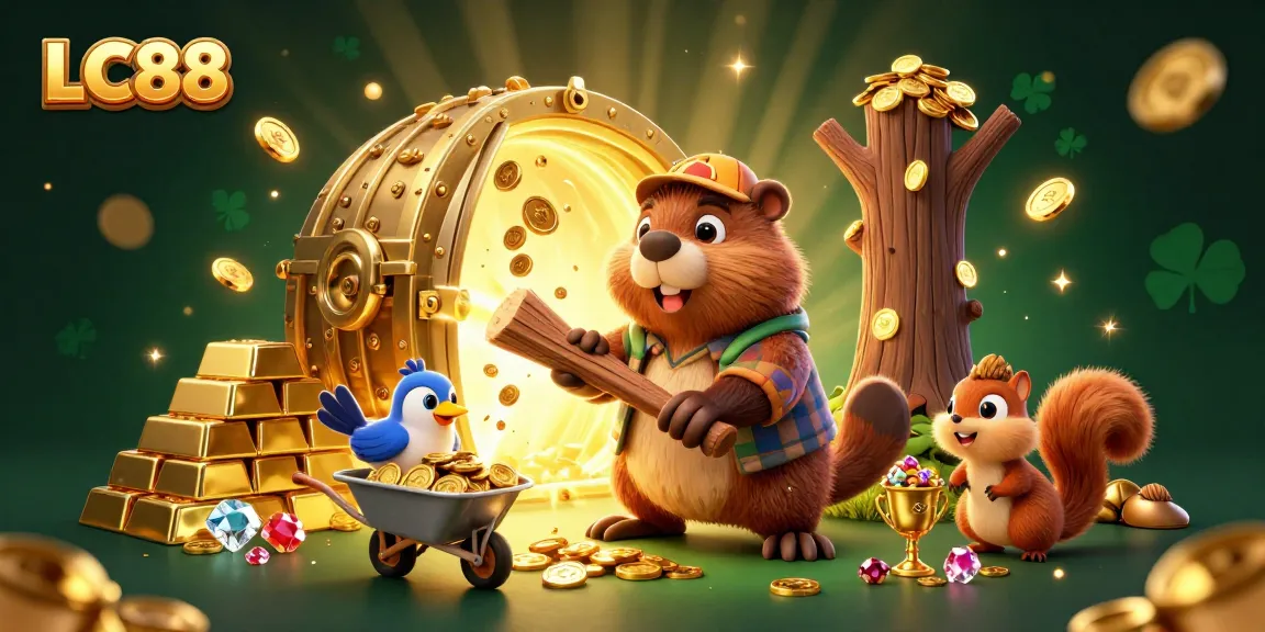 Join the excitement at LC88 with a colorful casino-themed illustration showcasing gaming treasures.