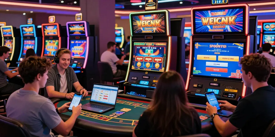 Players at casinos that accept credit cards enjoying live dealer games and slots in a vibrant online gambling environment.