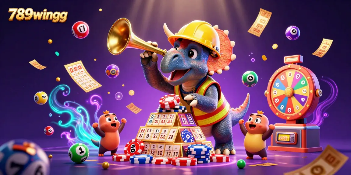 Join the excitement with 789wingg as colorful lottery elements and a jubilant triceratops create a vibrant gaming scene.