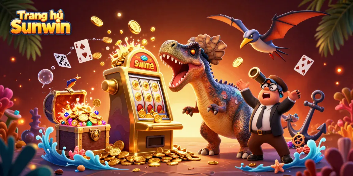 Experience the thrilling action at Trang chủ Sunwin with a 3D cartoon dinosaur headbutting a golden slot machine.