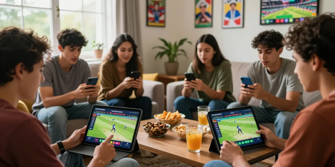 Friends cheering while using Fairplay24 for live cricket betting in a cozy living room.