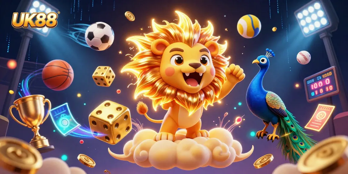 Experience UK88 with a thrilling 3D casino scene featuring a lion and sports elements.
