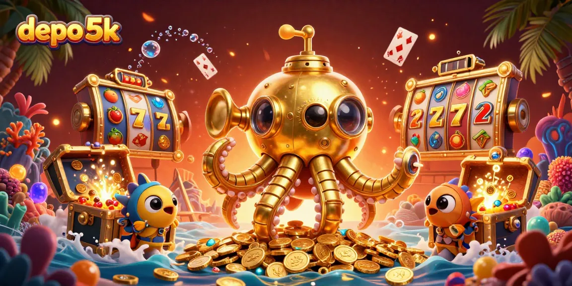 Bet on depo 5k in a vibrant casino scene featuring a golden kraken and treasures.