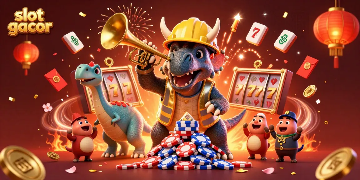 Cheerful dinosaur building a poker chip pyramid, celebrating slot gacor wins.