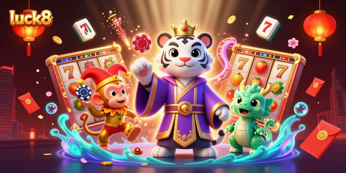 Experience the excitement of luck8 with a vibrant 3D illustration of a white tiger, monkey, and jade dragon in a casino setting.