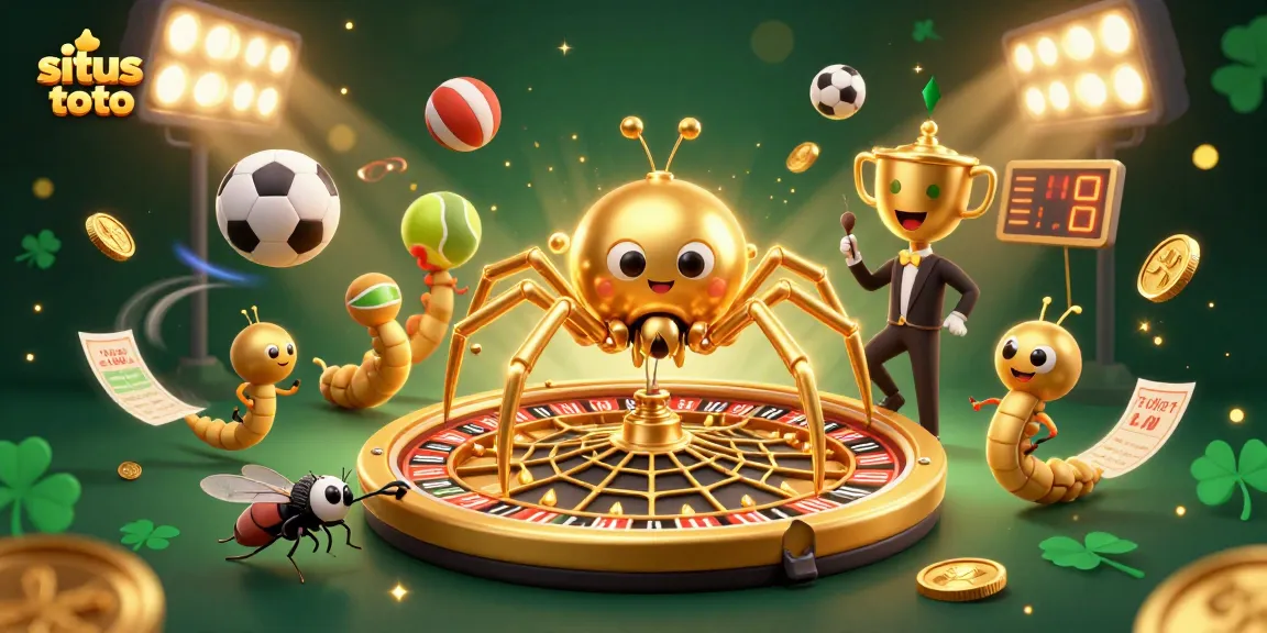Experience situs toto excitement as a golden spider spins a roulette web with sports elements.