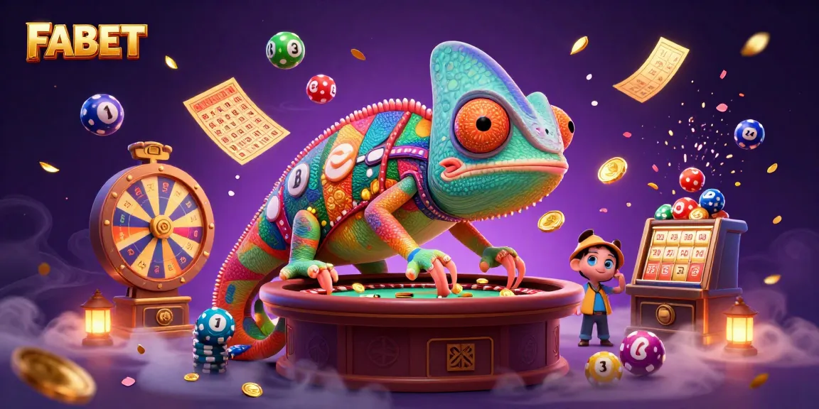 FABET chameleon casino owner surrounded by dynamic casino elements in a magical illustration