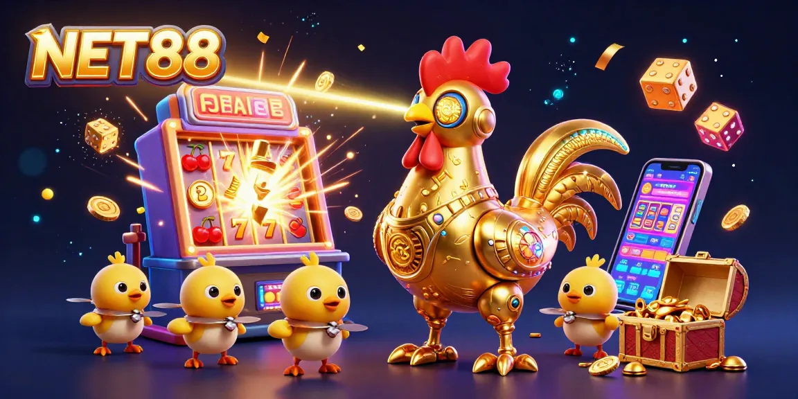 Experience NET88 with vibrant colorful casino elements and a futuristic golden rooster robot illustration.