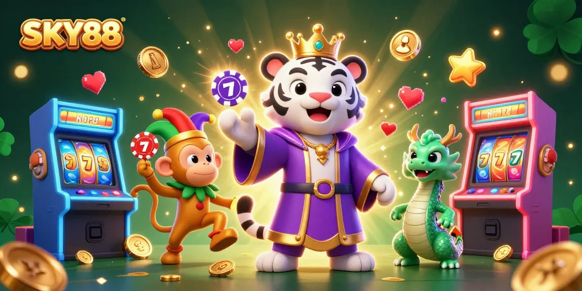 Experience thrilling action at SKY88 with cartoon characters, slot elements, and rich casino visuals.