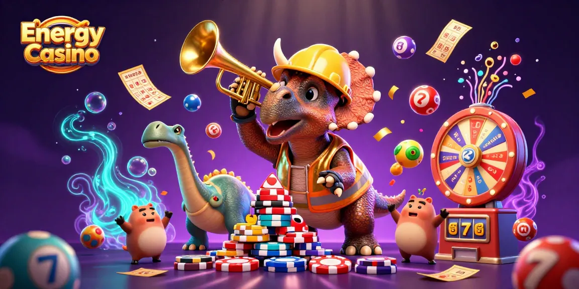 Az Energy Casino színes póker zsetonokkal és nyerőgépekkel teli ünneplő 3D karakterek.
