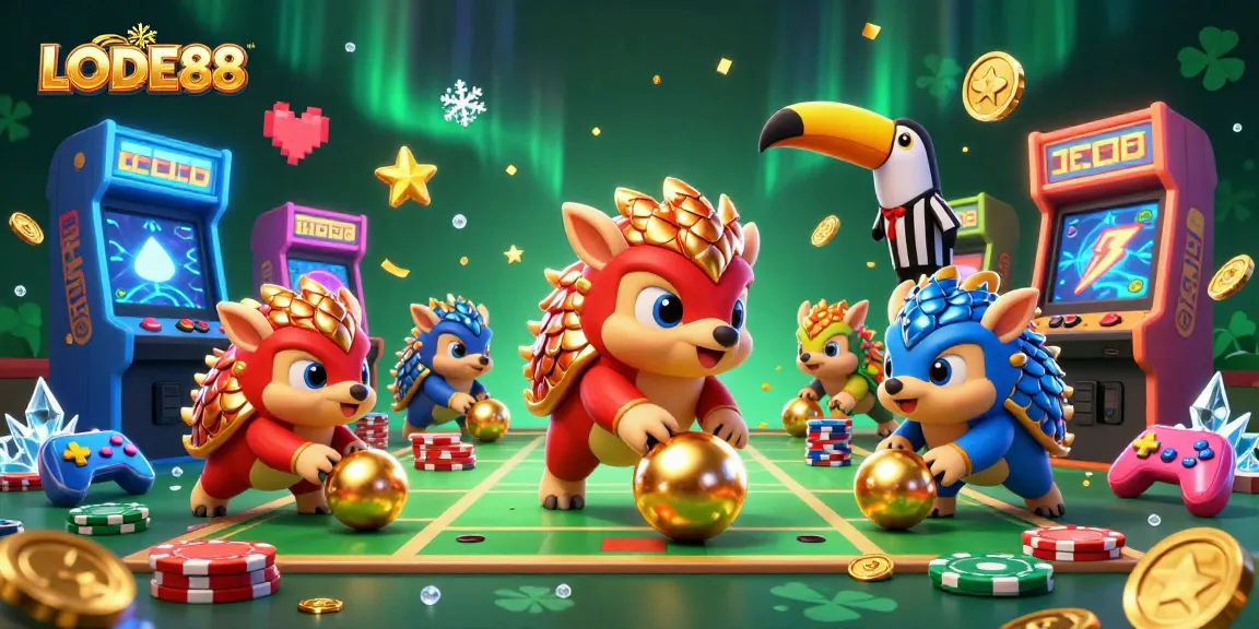 Compete with LODE88 at the casino with vibrant scenes of pangolins bowling golden balls.
