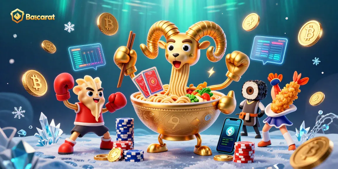 Baccarat fun with a giant golden ramen bowl dealing cards amidst vibrant neon crypto elements in a dynamic casino scene.