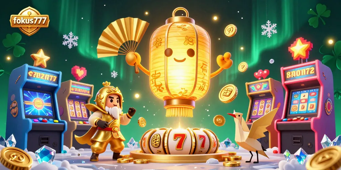Experience the vibrant world of fokus777 with glowing games and lucky symbols in this captivating 3D illustration.