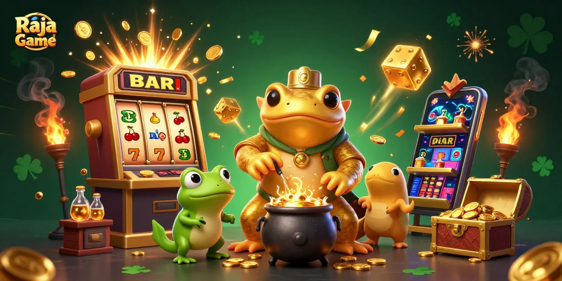 Engage with Raja Game featuring whimsical 3D characters enjoying vibrant casino activities with a jackpot explosion.