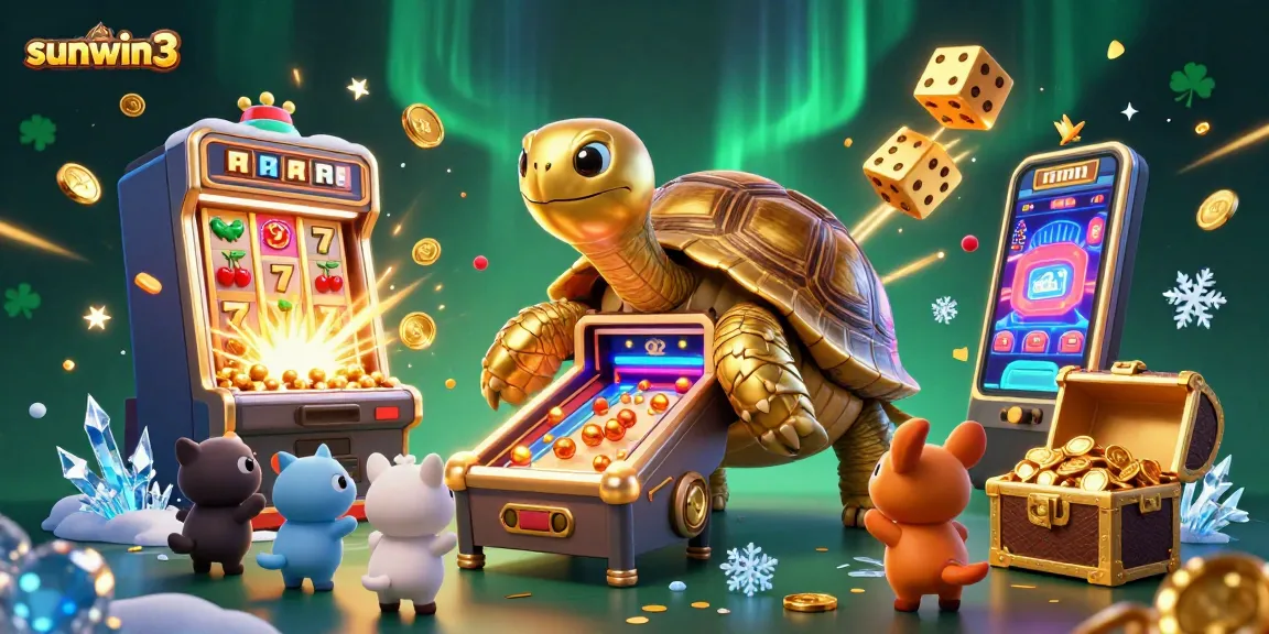 Experience the excitement at sunwin3 with an illustration of a colossal golden tortoise and vibrant casino elements.