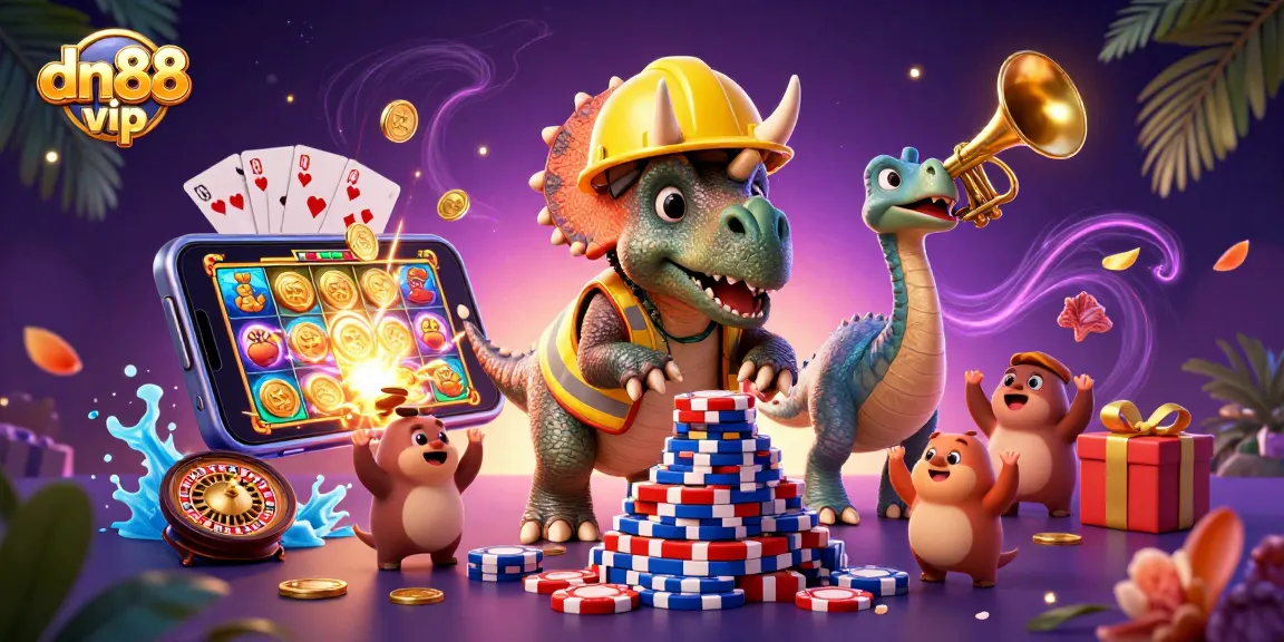 dn88 vip showcases a celebration of gaming excitement with vibrant characters and dynamic casino elements.