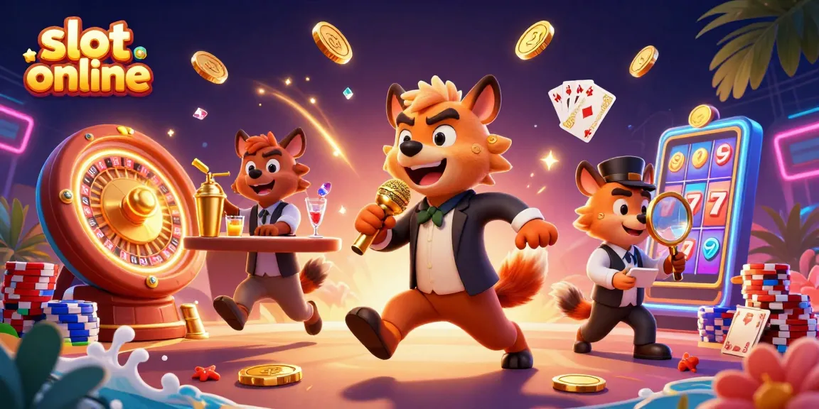 Slot online menampilkan ilustrasi kasino imersif dengan pemandangan luar biasa dan karakter hewan yang menggemaskan.