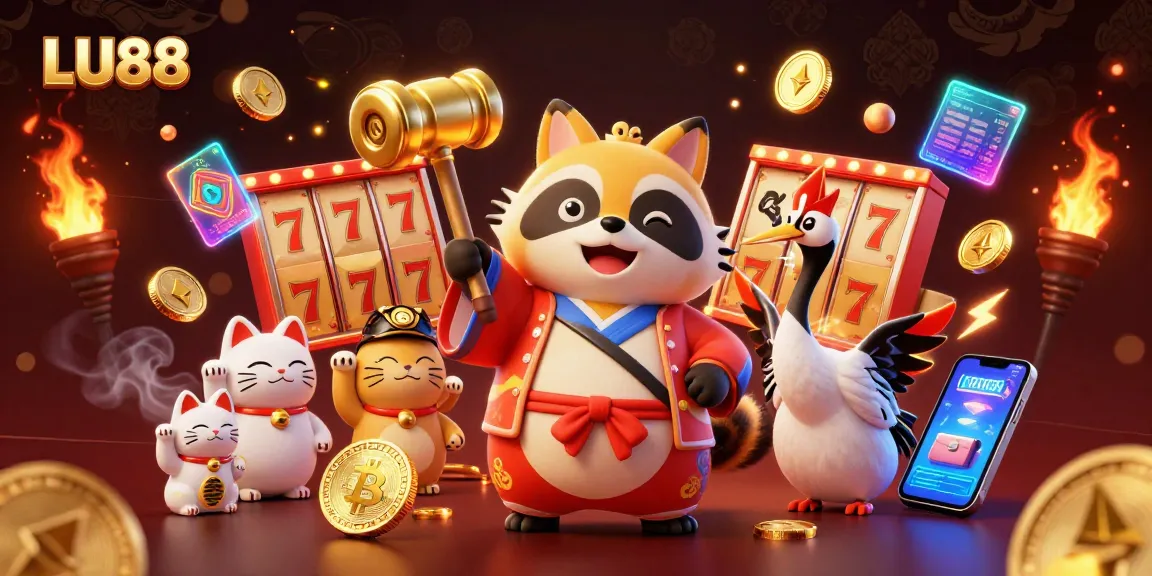Experience the thrill of LU88 with a vibrant 3D cartoon illustration featuring festive elements of gambling.