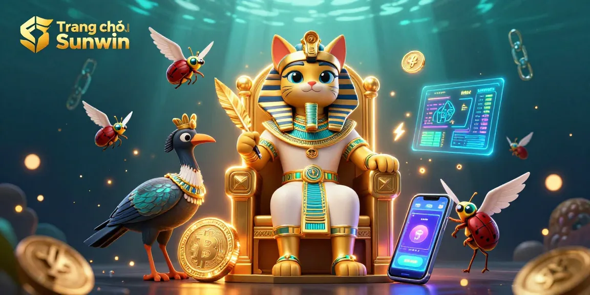 Win big on Trang chủ Sunwin with dynamic 3D illustration featuring a pharaoh cat, crypto coins, and vibrant game symbols.