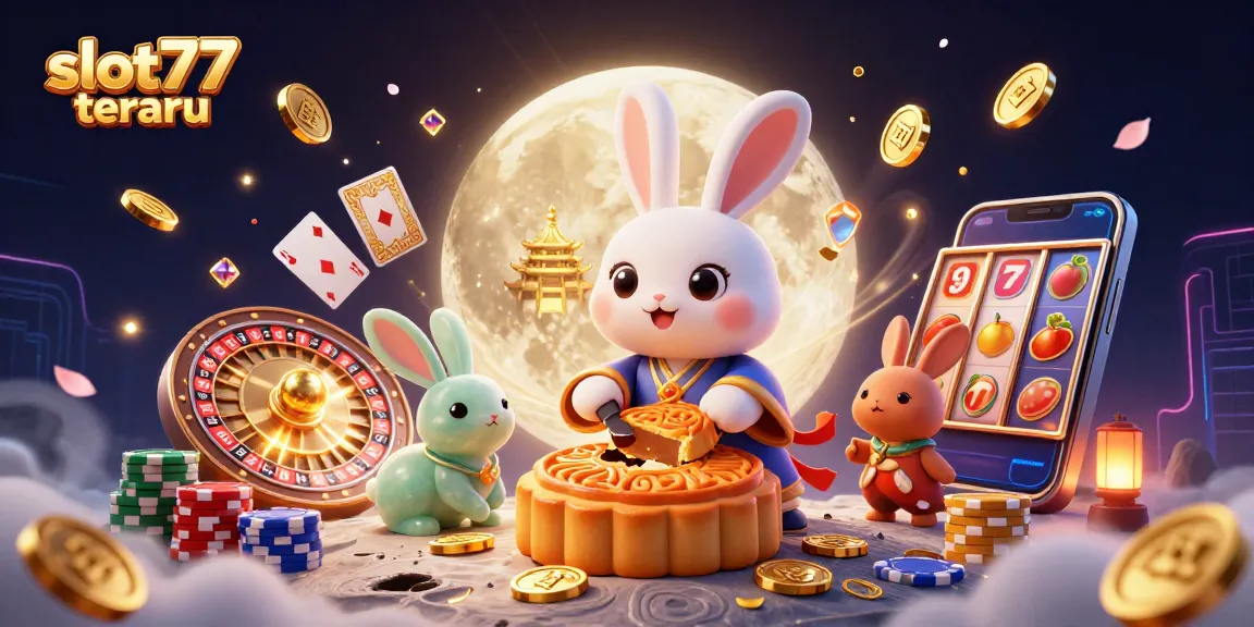Experience slot77 terbaru with a vibrant scene of winning, featuring playful moon rabbits creating jackpot excitement.