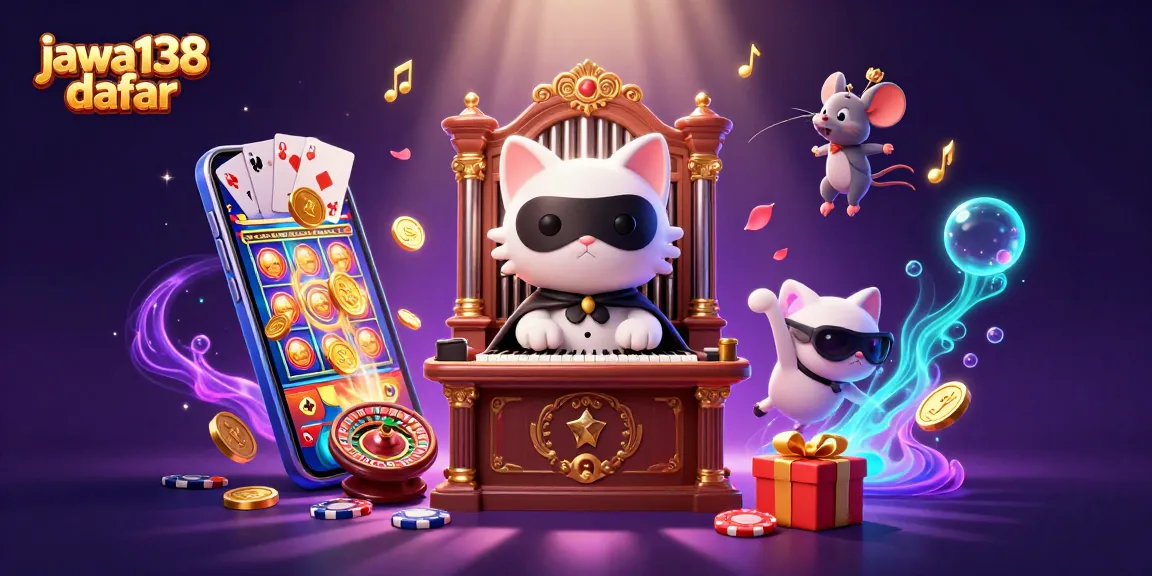 Jawa138 daftar menampilkan ilustrasi kasino menarik dengan kucing dan mouse akrobat di organ, simbol kemenangan dan nuansa berkilauan.
