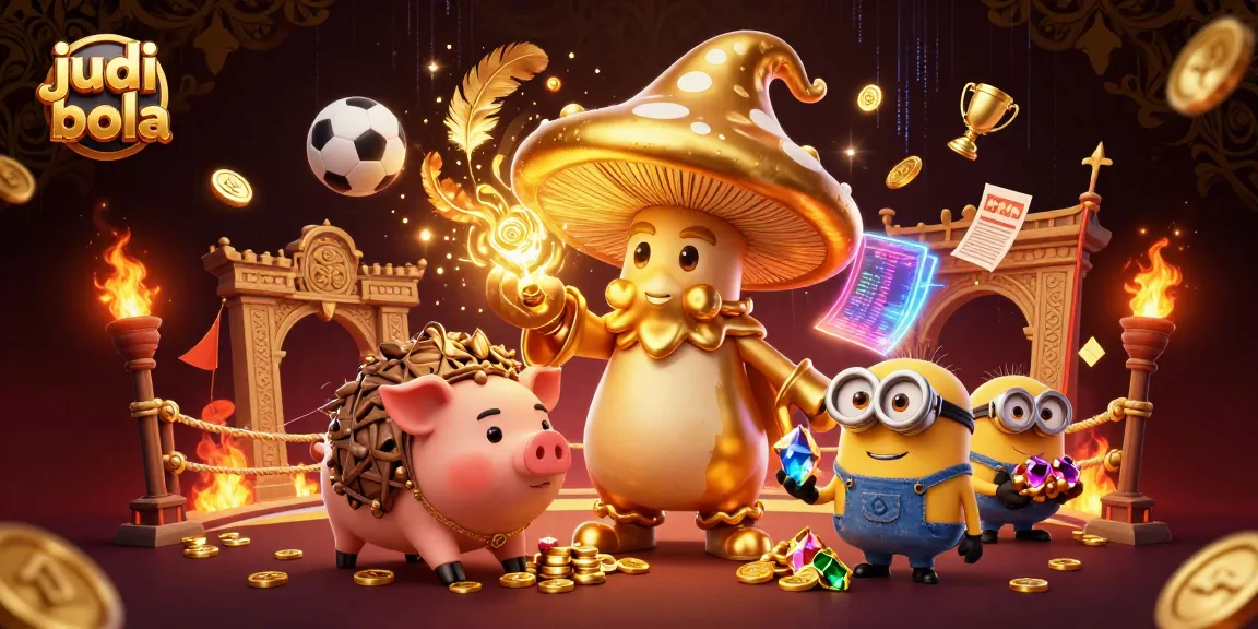 Engage in judi bola as a golden mushroom wizard channels spore magic amidst sports betting excitement.