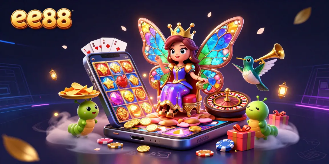 Engage with the exciting world of ee88, featuring a dazzling butterfly queen surrounded by vibrant casino elements.