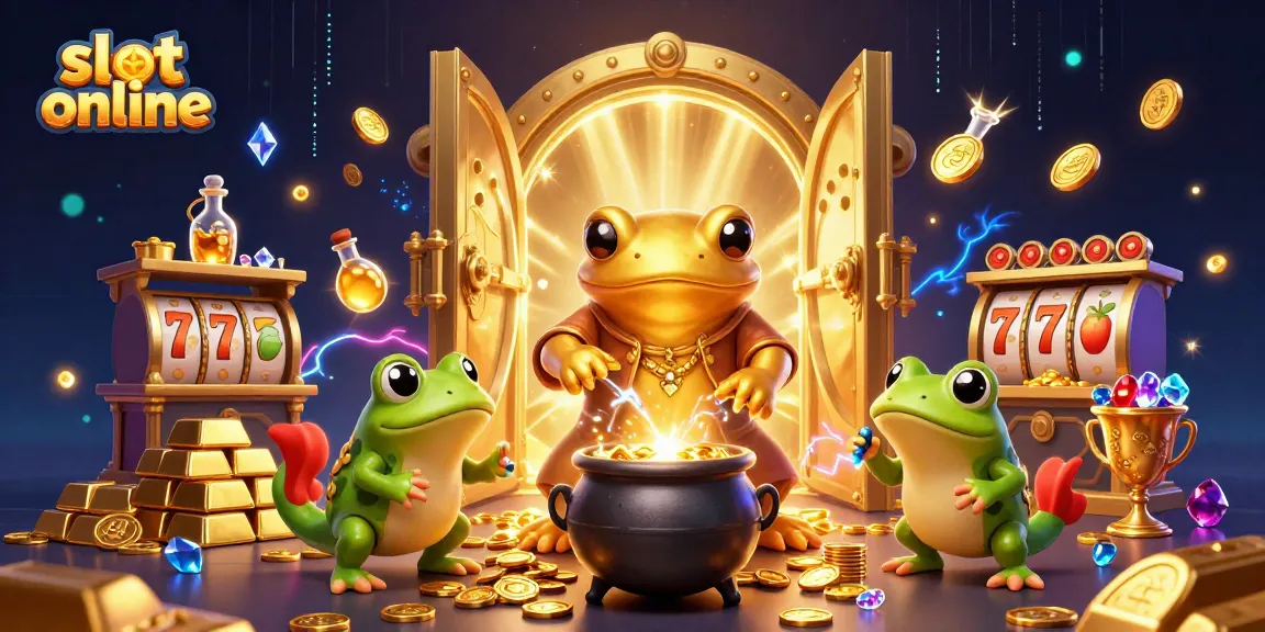 Putar slot online dengan simbol beruntung dan koin emas bertebaran dalam ilustrasi 3D menakjubkan.