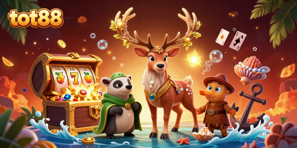 Experience the excitement of tot88 with a vibrant 3D casino scene featuring unique characters and game elements.