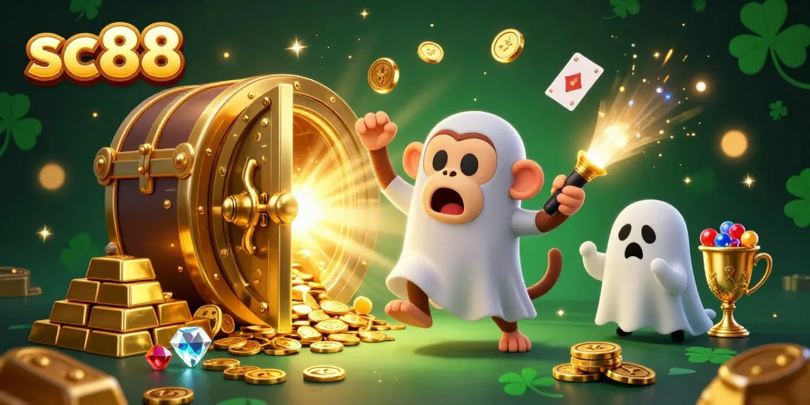 sc88 showcases a lively 3D haunted casino scene featuring a playful monkey and ghost-hunter puppy.
