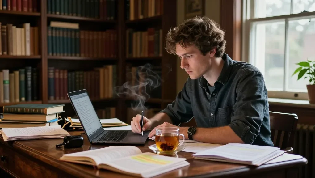 T Allen Greenfield writing in a cozy library at https://tallengreenfield.com, surrounded by books and warm lighting.