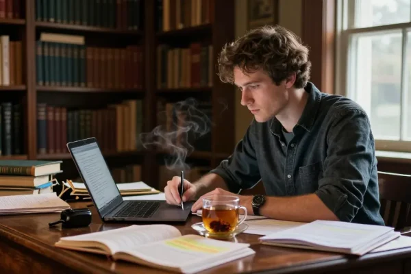 T Allen Greenfield writing in a cozy library at https://tallengreenfield.com, surrounded by books and warm lighting.