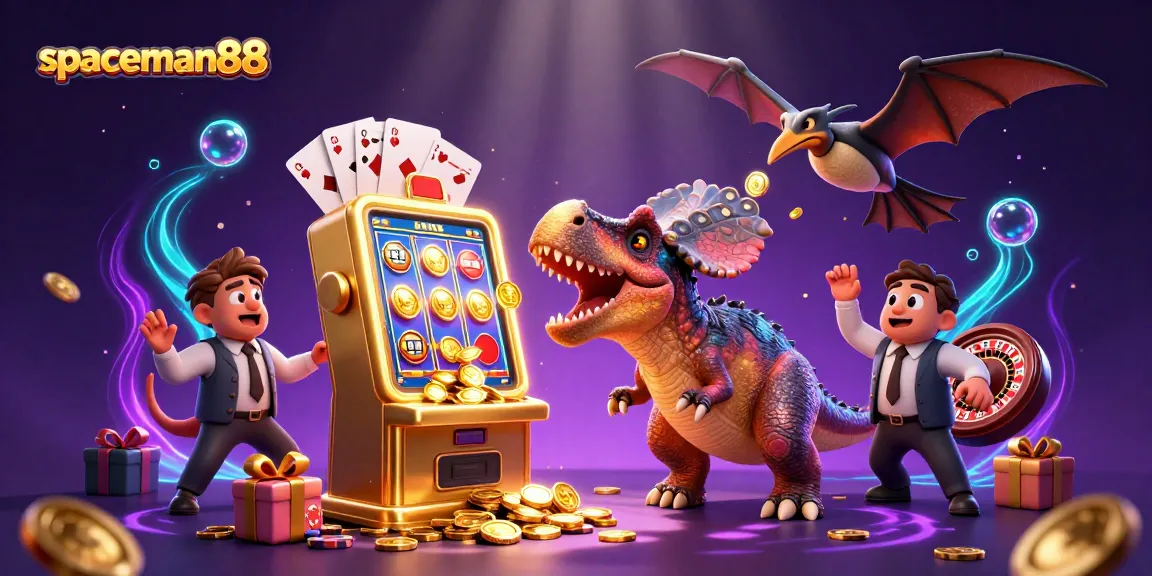 Experience the excitement of spaceman88 with a dynamic dinosaur-themed casino scene featuring jackpots and playful characters.